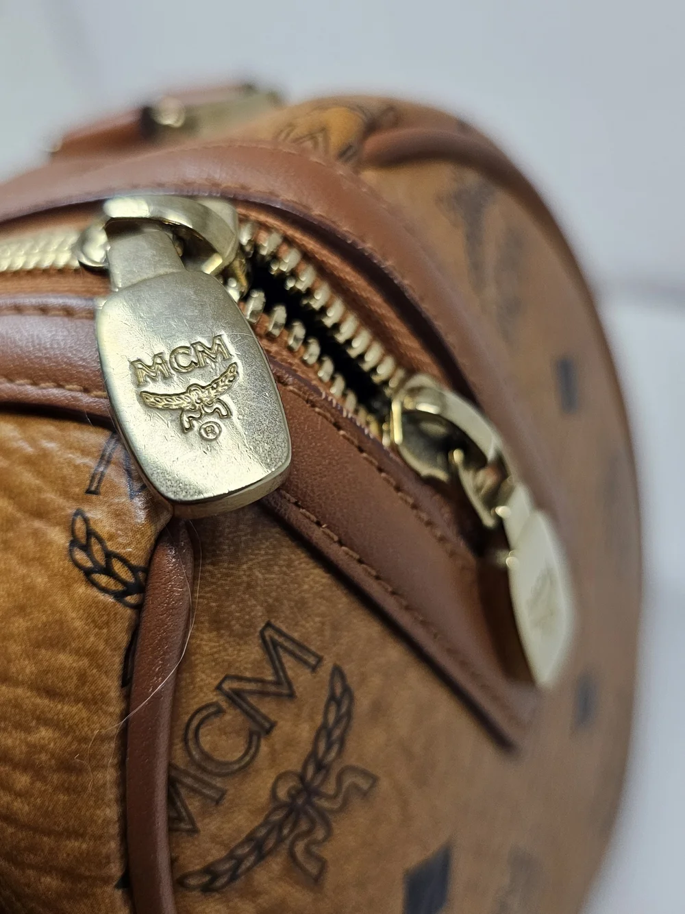 MCM Cognac Visetos Barrel Satchel Bag